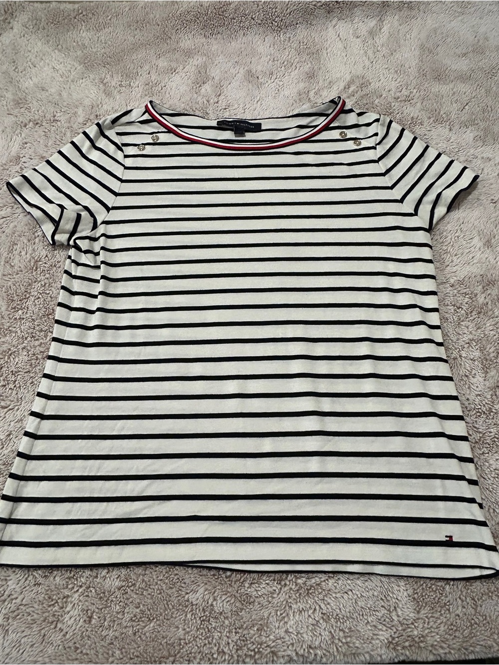Tommy Hilfiger White and Black Striped Short-Sleeve Tee with Red-Trim Neck